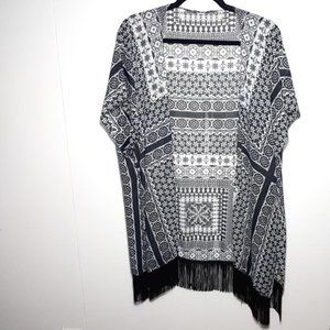 Graphic fringed duster and scarf set in black and white chiffon. One size NWT